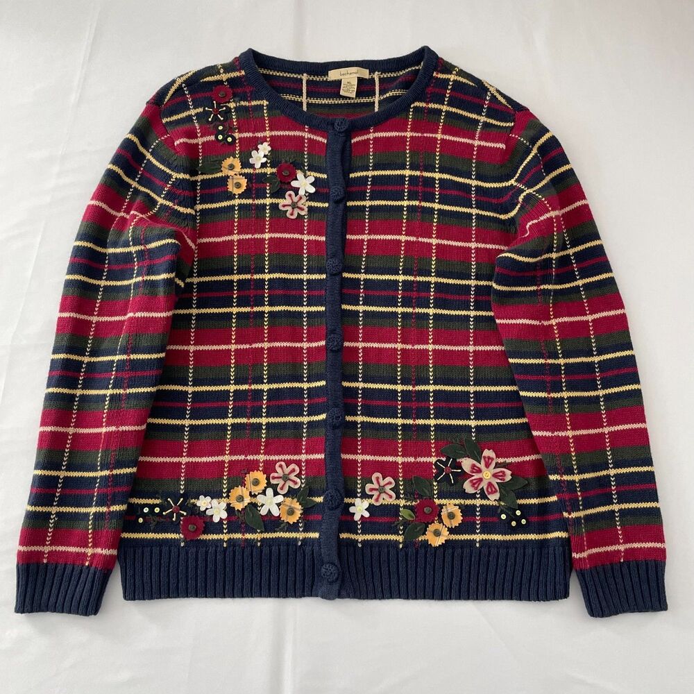 Bechamel Cardigan Sweater Womens XL Plaid Floral Applique Ramie Cotton Button Up